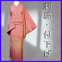 343 手染め大輔 着物リメイク 桜色紬 桜柄型染 ワンピース L