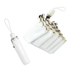 ホワイト星柄 日傘 レディース 折りたたみ傘 uvカット 100 遮光 遮熱 ワンタッチ自動開閉 軽量 晴雨兼用 8本骨 丈夫 防風防水 三段折り 持ち運び便利 コンパクト 収納ポーチ付き (ホワイト, 星柄)