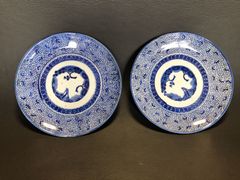 染付 古伊万里 なます皿 2枚　中皿 印判 微塵子紋　直径22.8cm 骨董品 (t71603)