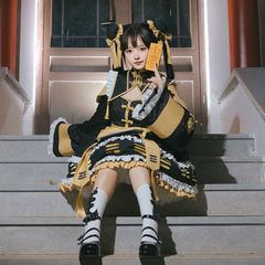中華風ロリータ ワンピース ゴスロリ チャイナ風コスプレ 黒×金 フリルリボン個性派ファッション 中華ロリ衣装　チャイナドレス　ゴスロリ　ロリィタ　ロリータ　界隈　チャイナドレス　キョンシー　推し活　黄色