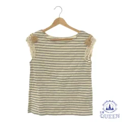 ☆美品☆ Bon mercerie ボンメルスリー トップス タンクトップ ノースリーブ ラウンドネック 袖レーズ ボーダー 肩リボン飾り レディース グレー オフホワイト 38 901-8780 送料無料 古着