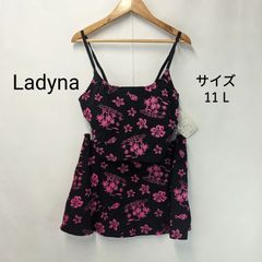 [Slightly flawed][Unused] Ladyna Women's 3-Piece Swimsuit Set, Black x Pink, Hibiscus and Palm Tree Design, Size 11L, Bust 86cm, Hips 92-100cm