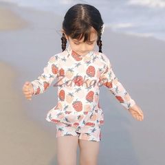 未使用 3点セット セパレート 水着 女の子 果物柄 ラッシュガード 露出控えめ 短パン キッズ キッズ水着 長袖 スイムキャップ 上下セット   kongban65