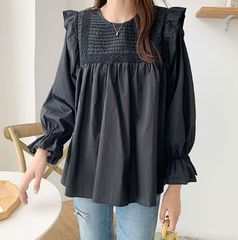 Eaphi フリルブラウス ブラック ショート丈 フリー ギャザー ペプラム 
