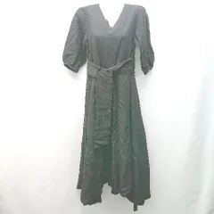 ◇ RANDEBOO Vネック リネン シンプル 無地 フレア ７分丈 ロング ワンピース フリーサイズ ブラック レディース E 【1304210027154】