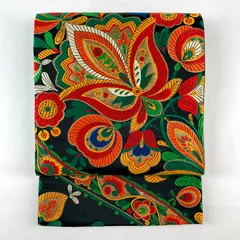 たんす屋 TANSU-YA 中古 リユース帯 袋帯 黒色 セミフォーマル 織り 引き箔 唐花 オリエンタル 絹 六通 未洗い MS3313