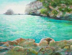 『　マヨルカの日差し　』　油絵　油彩画　海　手描き