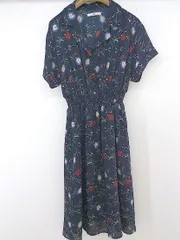 ◇ GRL グレイル 花柄 開襟 ウエストゴム 半袖 膝下丈 ワンピース サイズM ネイビー マルチ レディース P  【中古】 【1209090004410】
