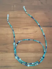 HAT4-038　ビーズ＊グラスコード(約76cm)　２WAY　メガネチェーン　マスクストラップ　ブルー系　シルバー