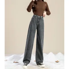 裏シャギー デニムパンツ ジーパン レディース 裏起毛 ジーンズ ワイドパンツ ゆったり ワイド ストレート バギー ハイウエスト パンツ 裏ボア フリース 起毛 韓国ファッション 防寒 秋冬 冬 温かい 服 ズボン 大きいサイズ 韓国 ブラックデニム グレー