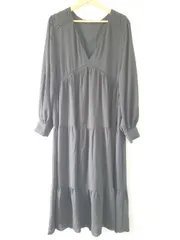 ◇ ⊇ ZARA ザラ ティアード Vネック 長袖 ロング丈 ワンピース サイズEUR M USA M MEX 28 ブラック系 レディース E  【1508060010384】