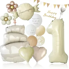 【新品】 deerzon くすみホワイト 1歳 くすみカラー 数字 バルーン 誕生日 飾り付け 18点 セット 大きい 65cm 数字バルーン くすみ ニュアンスカラー ナンバーバルーン バースデーバルーン セット1 1