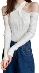 FUPUTWO ニット レディース セクシー 長袖 セーター トップス オフショルダー タイト( ホワイト,  Free Size)