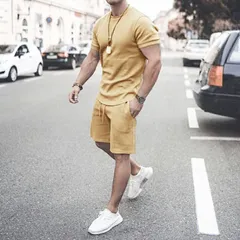 セットアップ トップス 半袖 Tシャツ 丸襟 丸首 薄手 カットソーメンズ 2点セット上下 部屋着ルームウェアセットアップ 上下セット街着スポーツウェア着コーディネート（ベージュ）