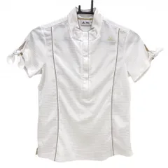 ★値下げ★【超美品】アディダス 半袖ハイネックシャツ 白×ゴールド ボーダー織生地 ハーフジップ レディース M ゴルフウェア adidas