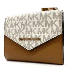✨美品✨ Michael Kors マイケルコースコンパクトウォレット  三つ折り財布 MK柄 PVC レザー 革 ホワイト 白色 ブラウン 茶色 レディース