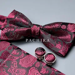 蝶ネクタイ ペイズリー柄 黒 ワインレッド メンズ  フォーマル 3点セット ポケットチーフ カフス 前撮り 結婚式 披露宴 二次会 成人式 ブラック スーツ タキシード おしゃれ 小物 ダークレッド 上品 光沢 高級感  コーデセット パーティー 人気