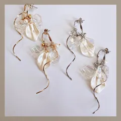 お呼ばれ＆普段使いに＊ ウェディング ブライダル 結婚式 前撮り フォトウェディング パール オーロラ 花びら 軽い 軽量 キラキラ クリア メタル ゴールド シルバー 金属アレルギー対応 スチール 淡水パール 上品 華やか キレイめ ハンドメイドピアス