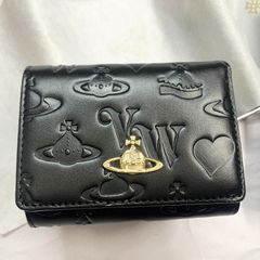 美品 未使用　Vivienne Westwood ヴィヴィアンウエストウッド ショートウォレット　　エンボス　加工シープスキン　レザー　財布  カード入れ　小銭入れ　気質 レディース　可愛いウォレット 折りたたみ財布　13154ブラック三つ折りたたみ財布