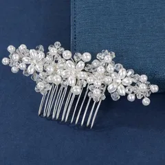 『数量限定』 LOHGOU 手作りシルバーパールクリスタル髪飾り ヘアコーム 花 結婚式 ブライダル髪飾り 女性ギフト 和装 洋装 (シルバー)