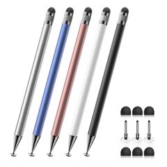 タッチペン(5本)、2 Bopomofo in 1スタイラスペン、高精度と高感度、iPhone/ipad/Androidタブレット用、すべてのタッチスクリーンと互換性あり(ブラック/ホワイト/ブルー/ローズゴールド/シルバー)