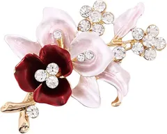 Miaomyao ミャオミャオ キュービックジルコニア ゴールド 花 フラワー リース リーフ リング ブローチ アクセサリー レディース プレゼント ボックス クロス セット(ワインレッド,  小さめ)