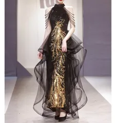 【新品 未使用】2026新作 カラードレス パーティードレス イブニングドレス フォーマル カクテルドレス コンサート ブラック マーメイドドレス 袖なし ホルダーネック タイトドレス 刺繍 黒 ゴールド刺繍 チャイナ風 大人 