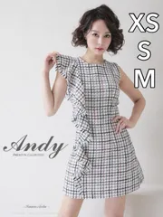 ホワイト[OK2710-WineR-2308] 【ANDY/アンディ】ツイード/ チェック柄/ ノースリーブ/ フリル/ 台形スカート/ フレア/ ワンピース/ ミニドレス/ キャバドレス/ dress/ パーティードレス