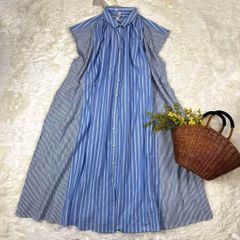 新品 シャツワンピース 切替ワンピース フレンチスリーブ 綿 ブルー M〜L
