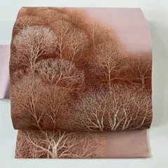 【美品】 名古屋帯 優品 落款 樹木 ぼかし ピンク 正絹 【中古】