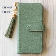 iPhone7 iPhone8 ケース 手帳型★レザー調 モスグリーン タッセル