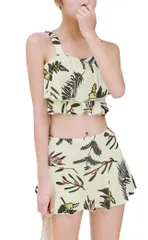 水着 ボタニカル 柄 上下セット タンキニ フレア レディース 体型カバー ビスチェ 風 プール 海水浴 リゾート 大人 3カラー みずぎ SWIMSUIT セクシー かわいい カワイイ 可愛い オシャレ お洒落 肩出し 黒 白 青 色  [ベージュ] [L]