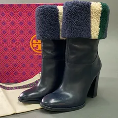 13c19 定価￥88000 TORY BURCH トリーバーチ ボアレザーブーツ  7M ネイビー レザー ロングブーツ シューズ 箱付き