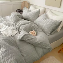 新品 布団カバーセット シアサッカー生地 シングル ダブル 寝具カバーセット 3点セット 掛け布団カバー ボックスシーツ 枕カバー 可愛い 柔らかい 快適 通気性 速乾タイプ 丸洗い オールシーズ（シングル3点セット、ライトグレー）