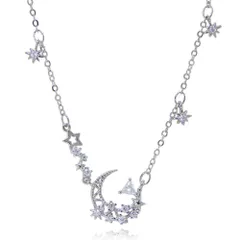 星と月 CZダイヤモンドネックレス シルバー925 プラチナ仕上 レディースアクセサリー キュービックジルコニア ペンダント ジュエリー プレゼント