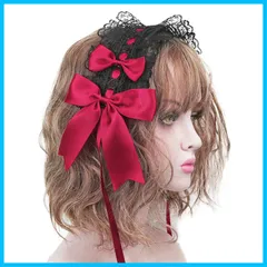 【人気商品】Sitengle ヘッドドレス ロリータ ゴスロリ 髪飾り ヘアアクセサリー カチューシャ レース リボン 蝶結び ヘアクリップ付き かわいい キュート メイドカフェ lolita 多色選択 (黒+赤)