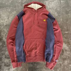 【Remake】Champion × 再構築 ワンポイント刺繍ロゴ リメイク 解体 つぎはぎ ドッキング オーバーサイズ パーカー レッド系 古着 Y2K 海外 No.14