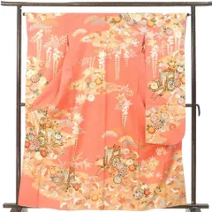 振袖 身丈163cm 裄64cm 前幅24cm 後幅29.5cm 袖丈107cm 袖幅32cm レディース 袷 御所車 裄Mサイズ 秋冬春用 正絹（シルク）ピンク 美品 リメイク リユース リサイクル【呉服のきくや】