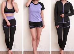 【クリアランス！】【送料無料！】【レディス　スポーツウェア　５点セット！】【Ｌサイズ】【黒地×オレンジ切替】fit123:吸汗速乾＆スポーツストレッチ生地使用、ジム・ヨガ・ランニングなどにおすすめ全てそろったウェア5点セット！