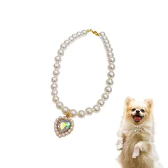 Sunny Glow ペット 首輪 フェイクパール ネックレス 猫 小型犬用 ジュエリー ハート チャーム付き ラインストーン 調節可能 アクセサリー (クリアM) 