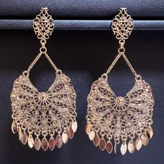 [80mm〜] 透かし模様が美しいアンティーク調ピアス（ピンクゴールド色）フリンジ シャンデリア ゴージャス エスニック ダンス 映画 劇団 パーティ BO-010-PG