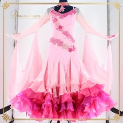 社交ダンス 衣装 スタンダード ドレス スタンダードドレス ワンピース フリル フロート レース デモ 競技 ダンス パーティ ピンク系 ピンク フリルスカート おしゃれ デザイン ふんわり 軽やか 練習用 発表会 大人用 女性用 競技用衣装 ドレスアップ