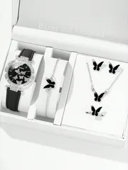 腕時計 レディース セット 6点セット レディース 腕時計 ラグジュアリークォーツ時計とバタフライピアス、リング、ブレスレット、ネックレスジュエリーセット