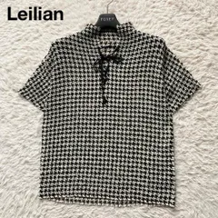 美品 Leilian レリアン プリーツ加工 くしゅくしゅ ハーフスリーブ ブラウス 半袖 プルオーバー 総柄 千鳥格子 りぼん 日本製 ブラック アイボリー 9号 M