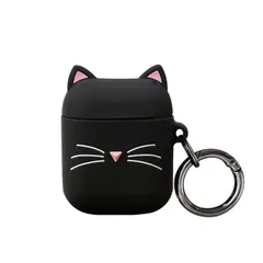 【人気商品】耐衝撃 丸型カラビナ付き キャラクター アニマル かわいい ねこ くろ (AirPods カバー エアーポッズ 保護ケース ひげ猫 1/2) シリコンカバー AirPods第2世代と第1世代に適用 ケース AirPods