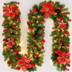 Hwooo クリスマス 飾り ガーランド LED付き モール クリスマス オーナメント ガーデン装飾籐 クリスマスの装飾籐吊り花輪ガーランド飾り結婚式の装飾ドア吊り小道具(赤,2.7m)