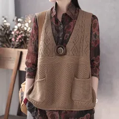 トップス ニット セーター プルオーバー ベスト レディース 袖なし ノースリーブ Vネック 襟なし ノーカラー ふわふわ ポケット 薄手 伸縮性 かわいい 大人可愛い きれいめ シンプル カジュアル 上品 おしゃれ レトロ アジアン こなれ感 ラフ ルーズ 