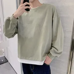 重ね着風 Tシャツ 長袖 レイヤード メンズ 無地 肩落ち ルーズ クルーネック ドロップショルダー ゆったり ビッグシルエット メンズTシャツ ロングTシャツ 春秋 無地 新作 通勤 通学  yemi35