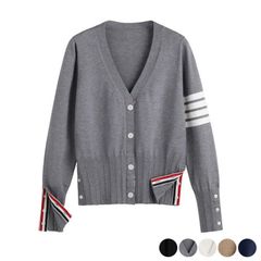 Women's Winter V-Neck Knit Cardigan Golf Wear Tricolor Striped Wool Golf Wear Thick and Warm for School or Commuting Stylish Fall/Winter Golf Wear Available in Black, Gray, and White