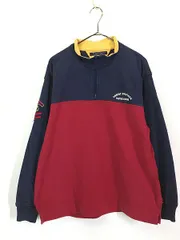 古着 90s TOMMY HILFIGER Navigator 紺×赤 バイカラー ハイネック ハーフジップ 長袖 Tシャツ L 古着 